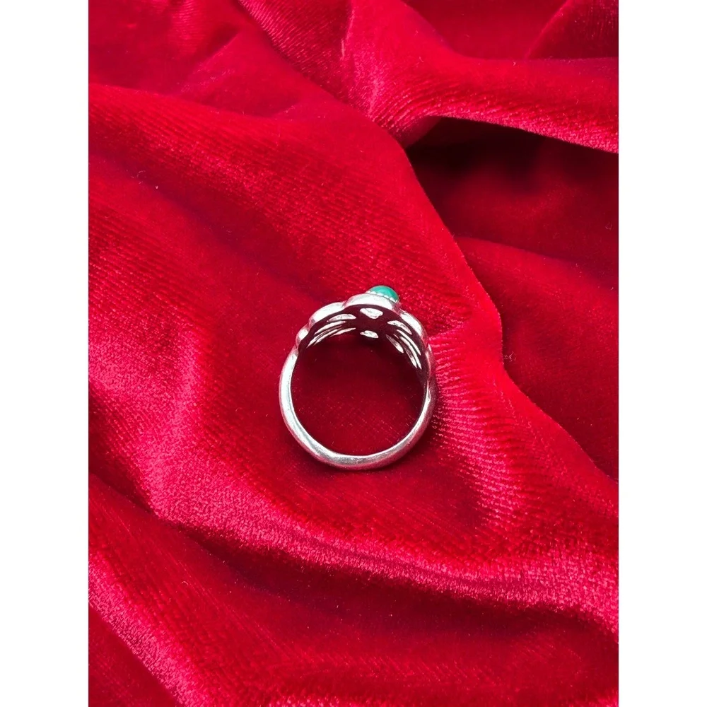 Vintage Silver Tone Green Cabochon Floral Openwork Statement Ring Size 5